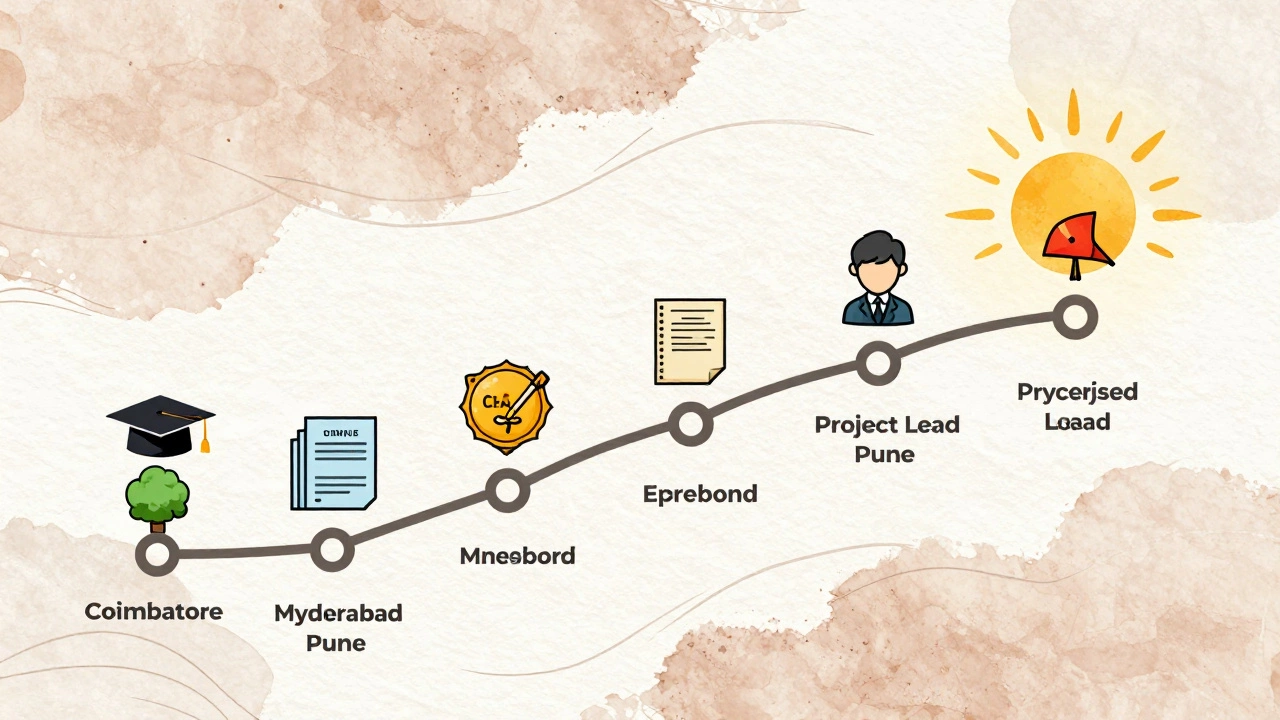 A stylized path showing career progression in clinical research across Indian cities with milestone icons.