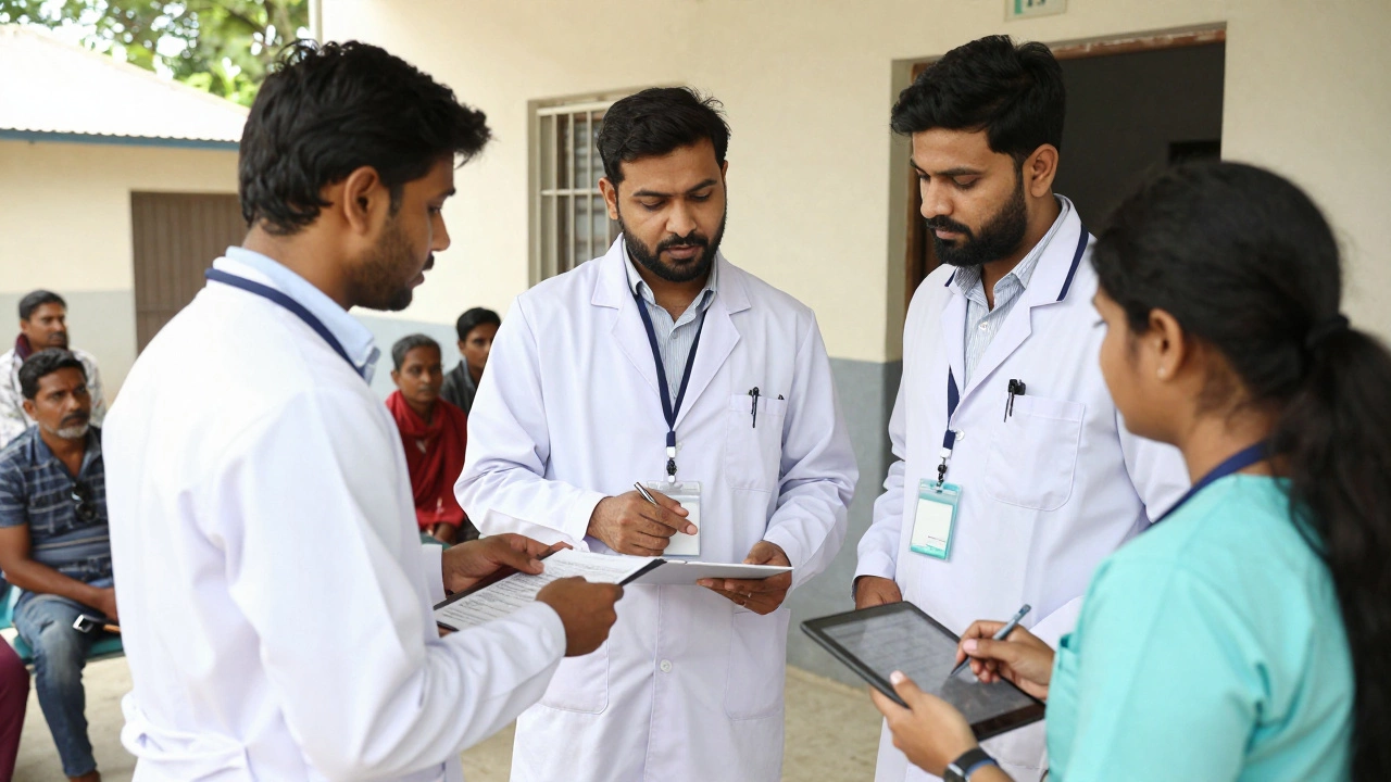 Clinical researchers working with a nurse and patients at a rural Indian hospital during a trial site visit.