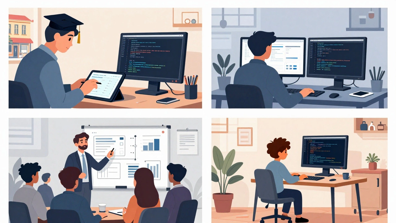 Four different people on paths to data science, each in a distinct setting with tools relevant to their background.