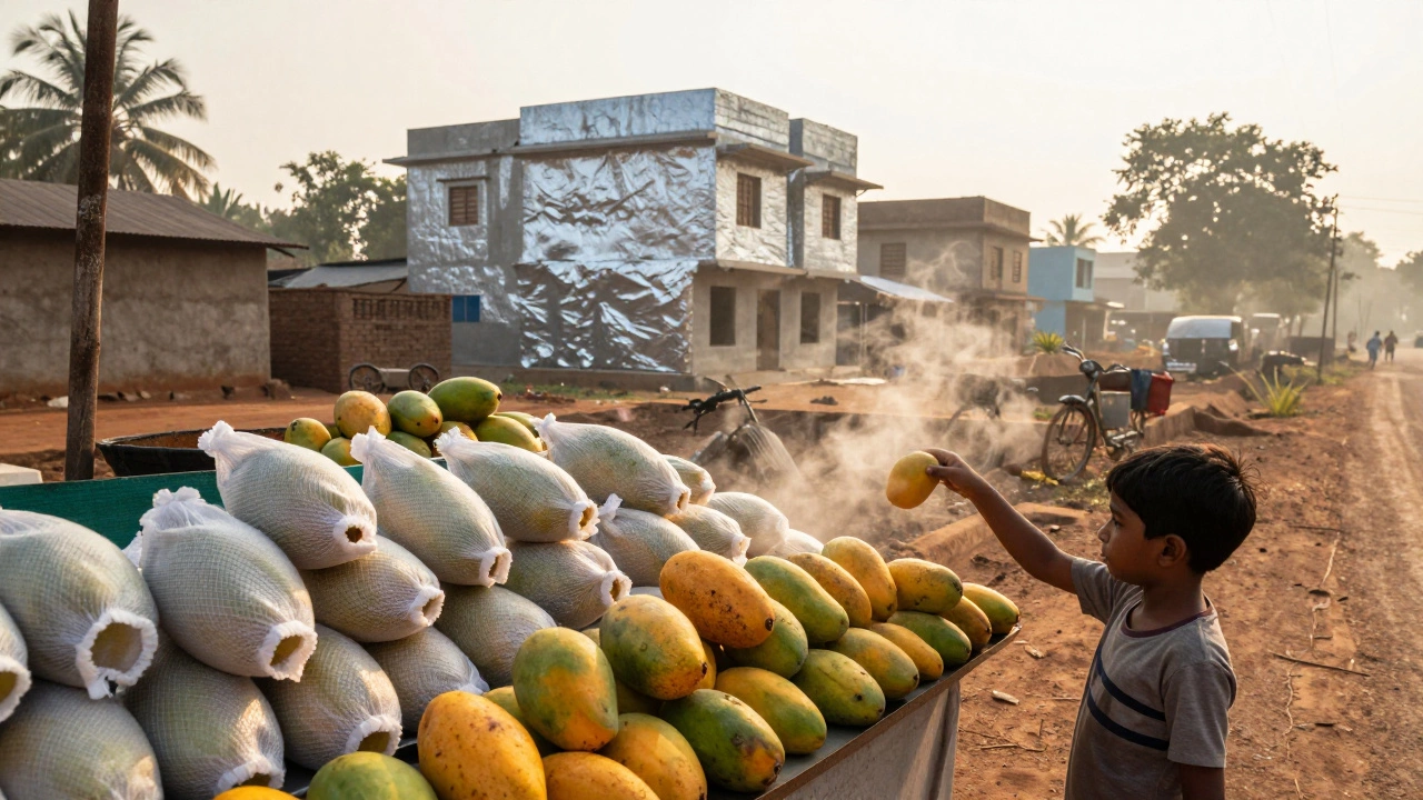 Fresh mangoes in nano-packaging at a rural Indian stall, with clean-air-coated buildings in the background.