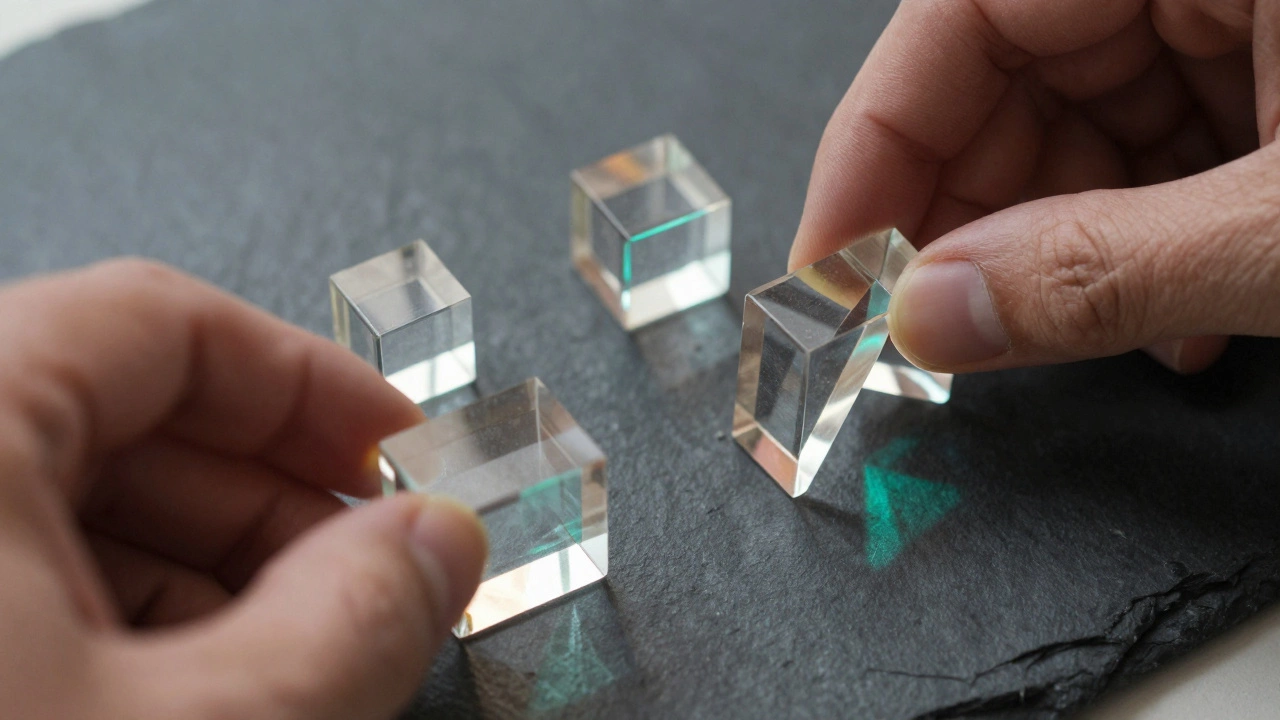 Hands holding glowing geometric blocks symbolizing data matrix operations.