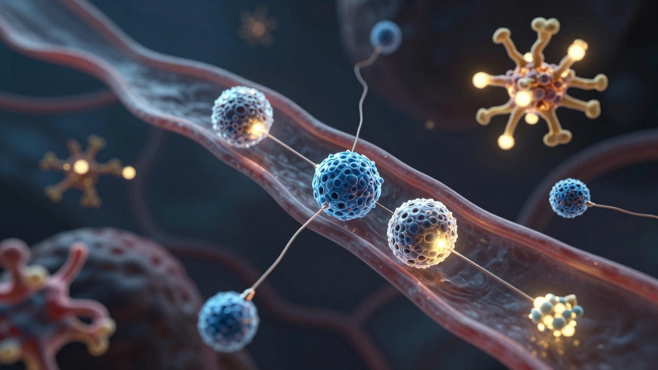 Nanosensors in a bloodstream detecting cancer, Alzheimer’s proteins, and glucose changes, rendered in translucent gold and blue hues.