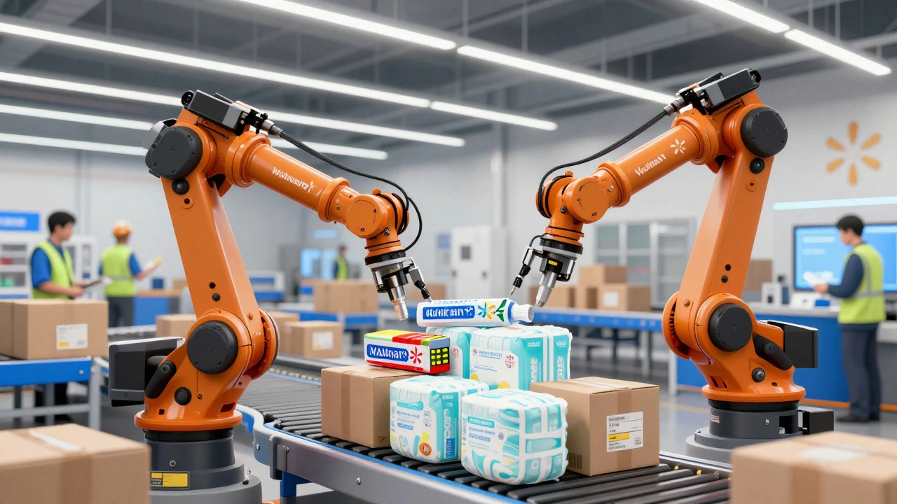 Robotic arms pick items in a Walmart warehouse while human workers oversee quality checks.
