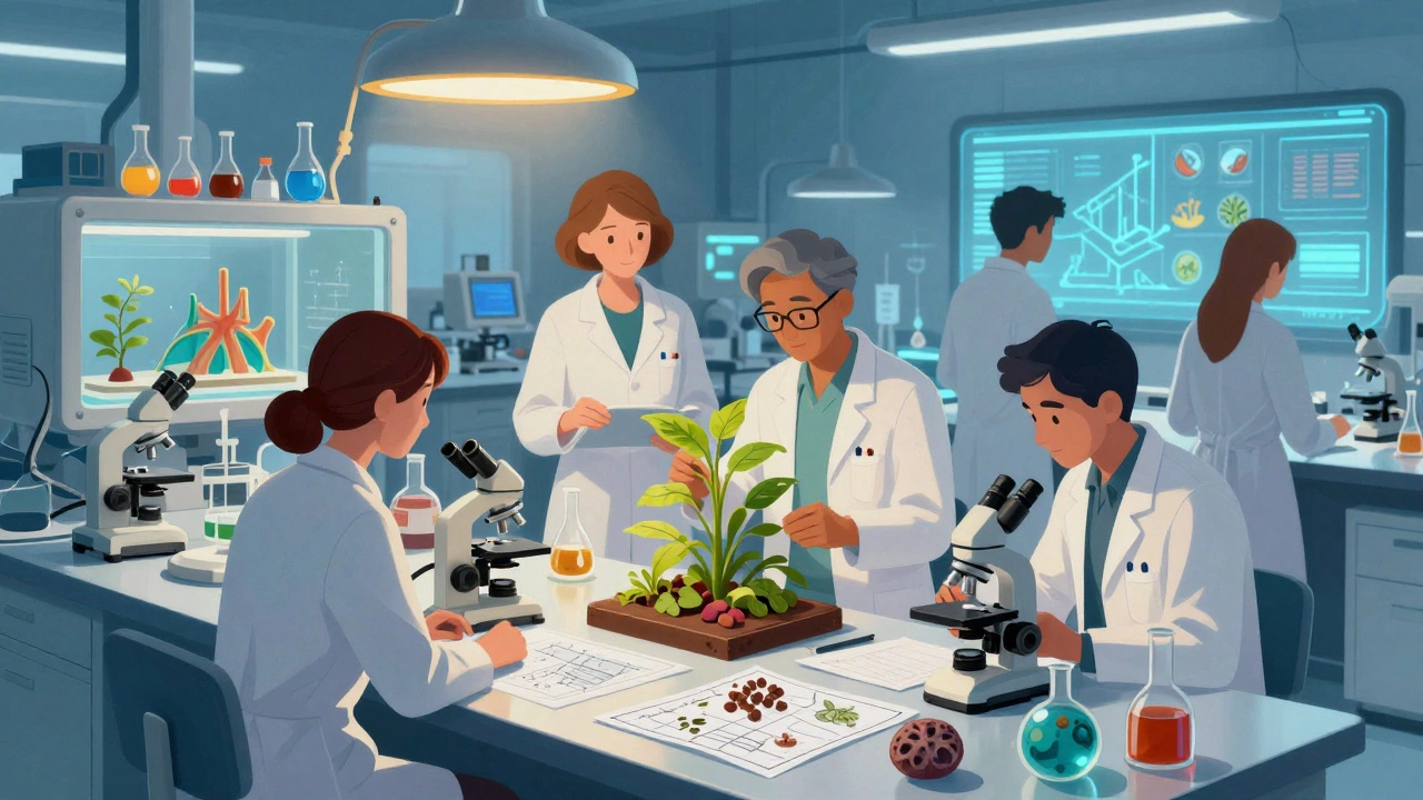 Scientists from different fields working together in a research laboratory.