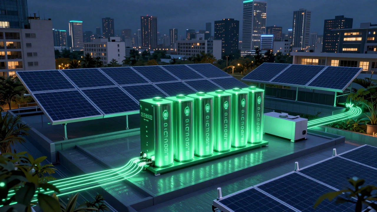 Smart home with batteries and solar panels at night in urban city setting.