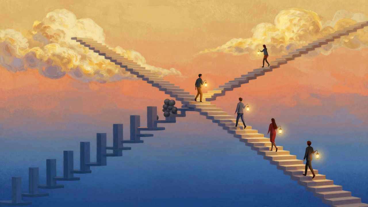 Staircase made of statistical shapes leading to a bright sky horizon.