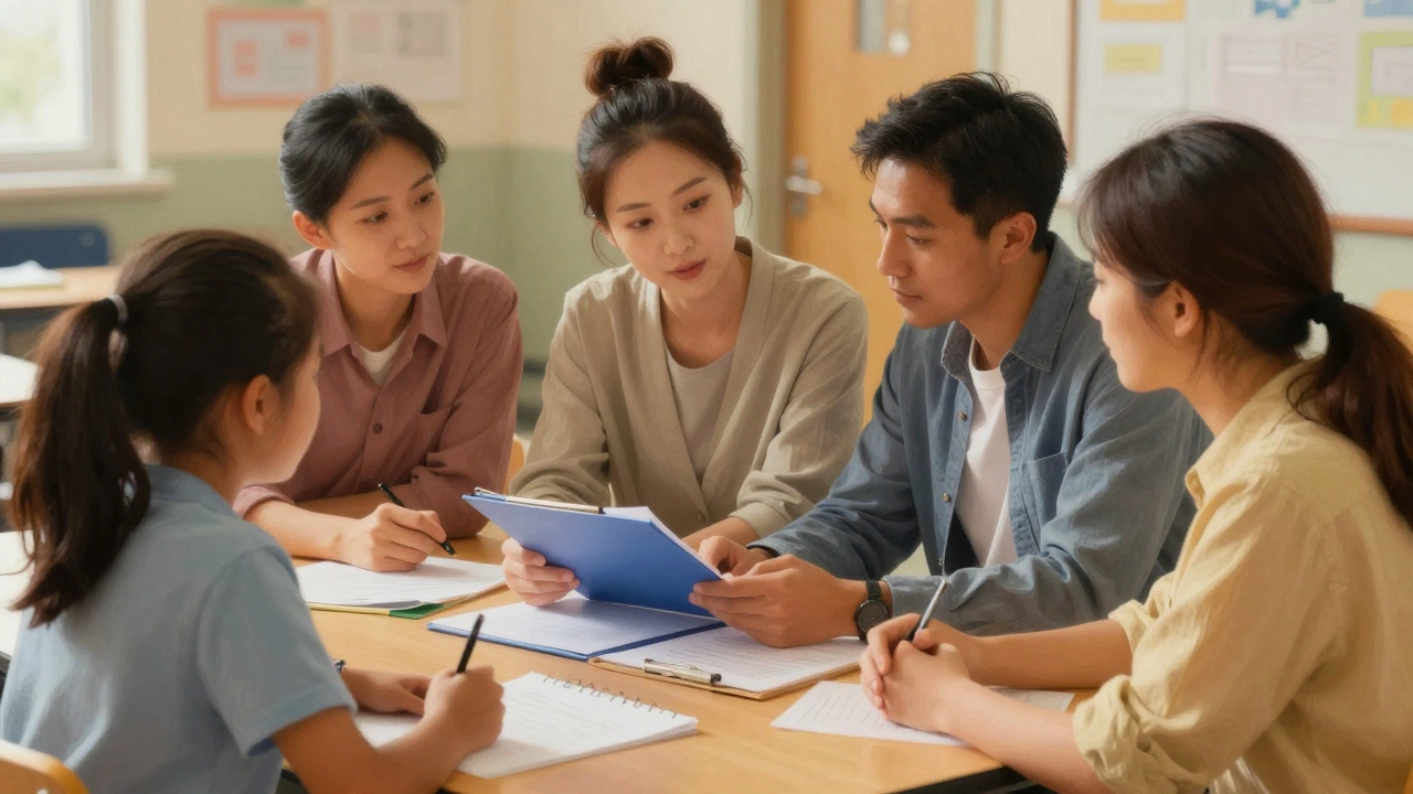 Teacher, counselor, and social worker discussing student support in a school.
