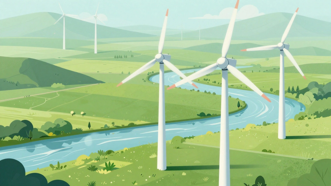 Wind turbines in green field with river representing continuous power flow.