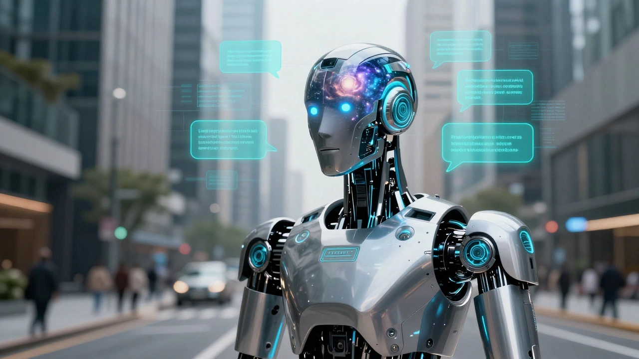 A futuristic humanoid robot with a head filled with flowing digital data streams.