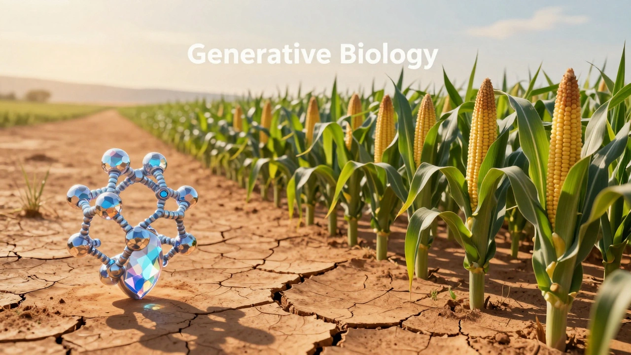 A healthy green corn plant growing in a dry desert next to a complex AI-designed protein.