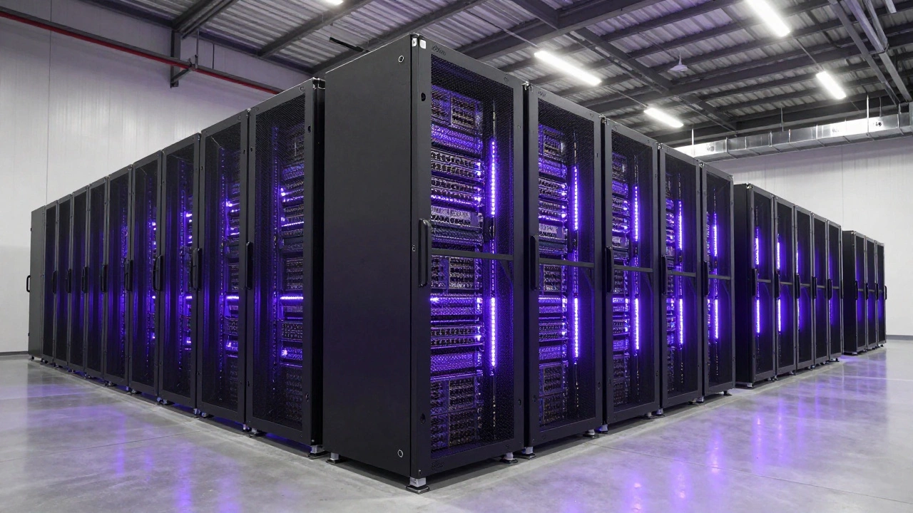 A massive warehouse filled with rows of glowing GPU server racks for AI compute.