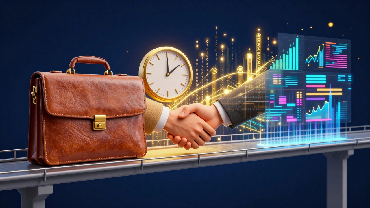 Conceptual art showing business experience merging with digital data visualizations.