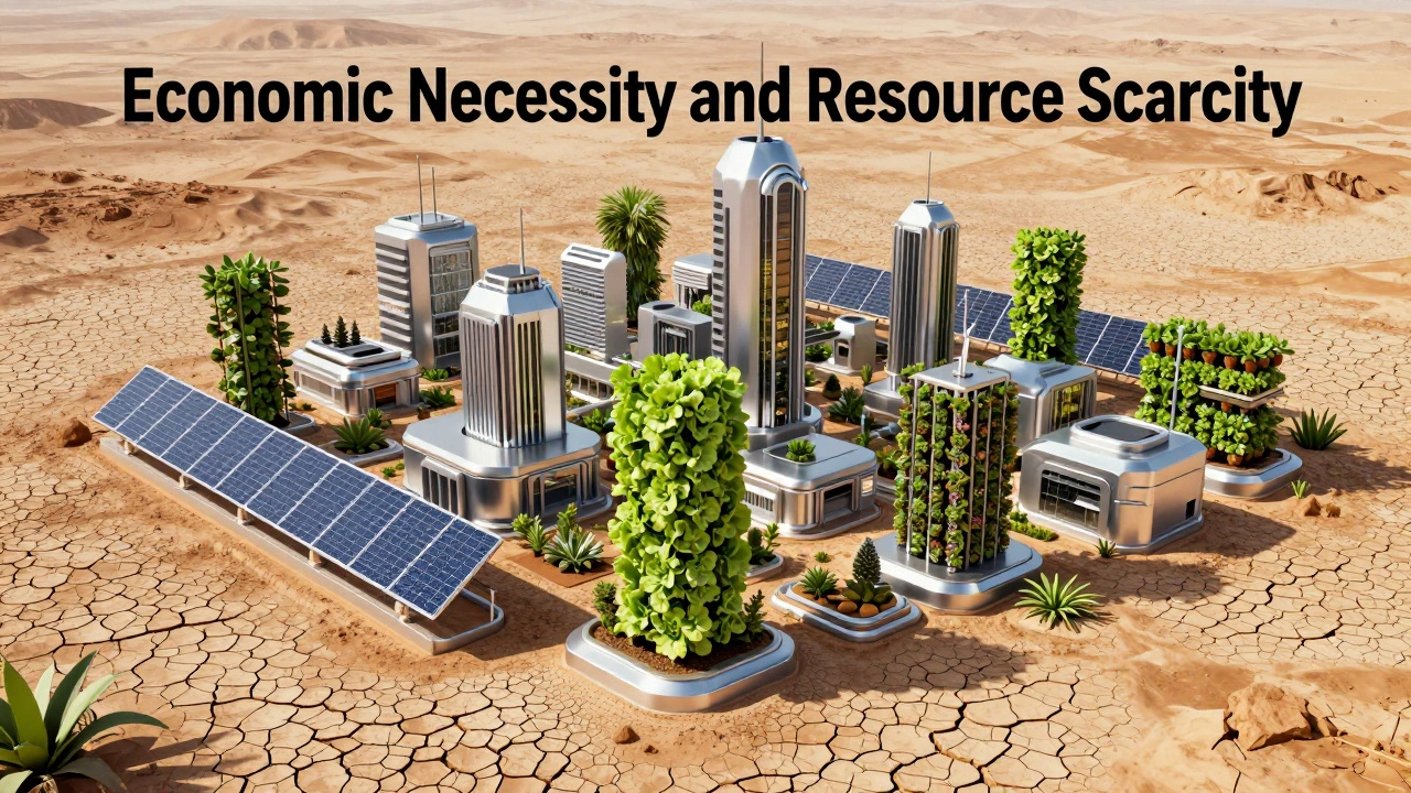 Futuristic solar panels and vertical gardens growing in a dry, cracked landscape.