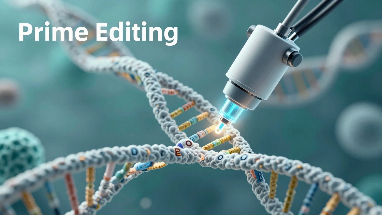 Microscopic view of a molecular tool precisely editing a single point on a DNA helix.