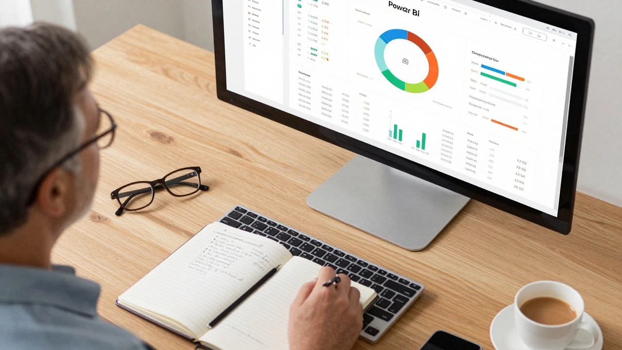 Professional workspace with a data dashboard on a monitor, glasses, and a cup of tea.