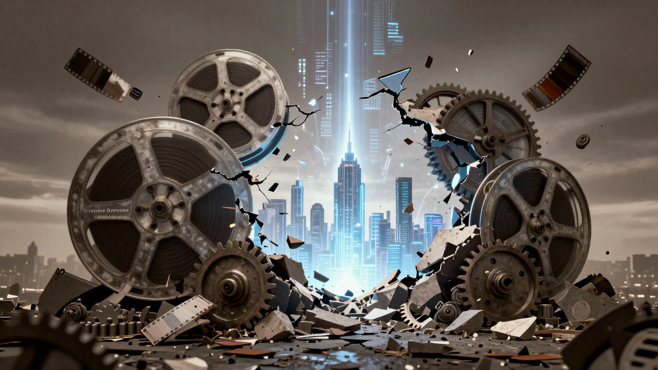Sleek digital city emerging from the ruins of old analog film reels and iron gears.