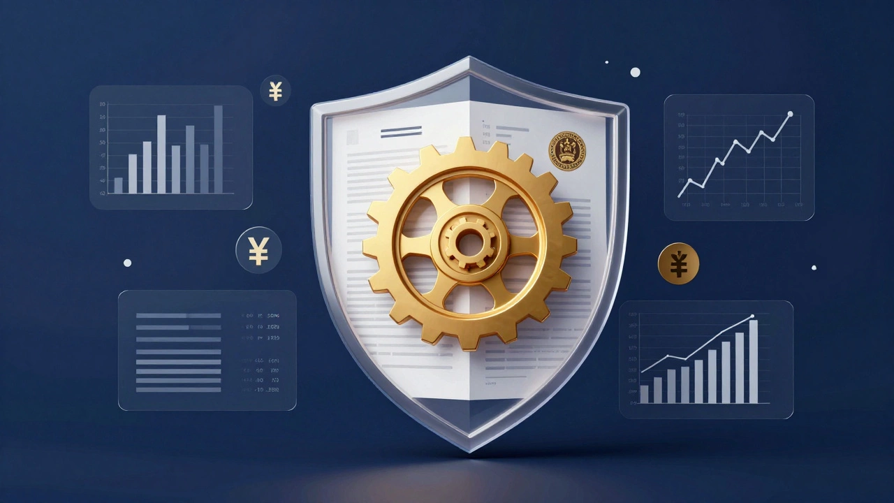Abstract concept of IP protection with gears, shields, and financial data.