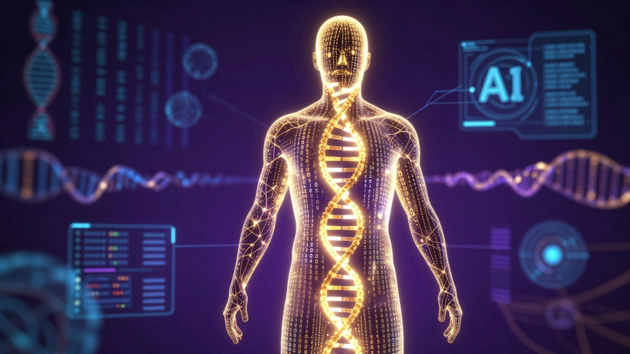 Abstract visualization of DNA merging with AI code for bioinformatics