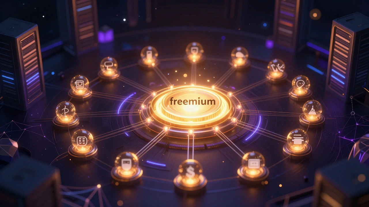 Abstract visualization of freemium AI models connecting users to power.