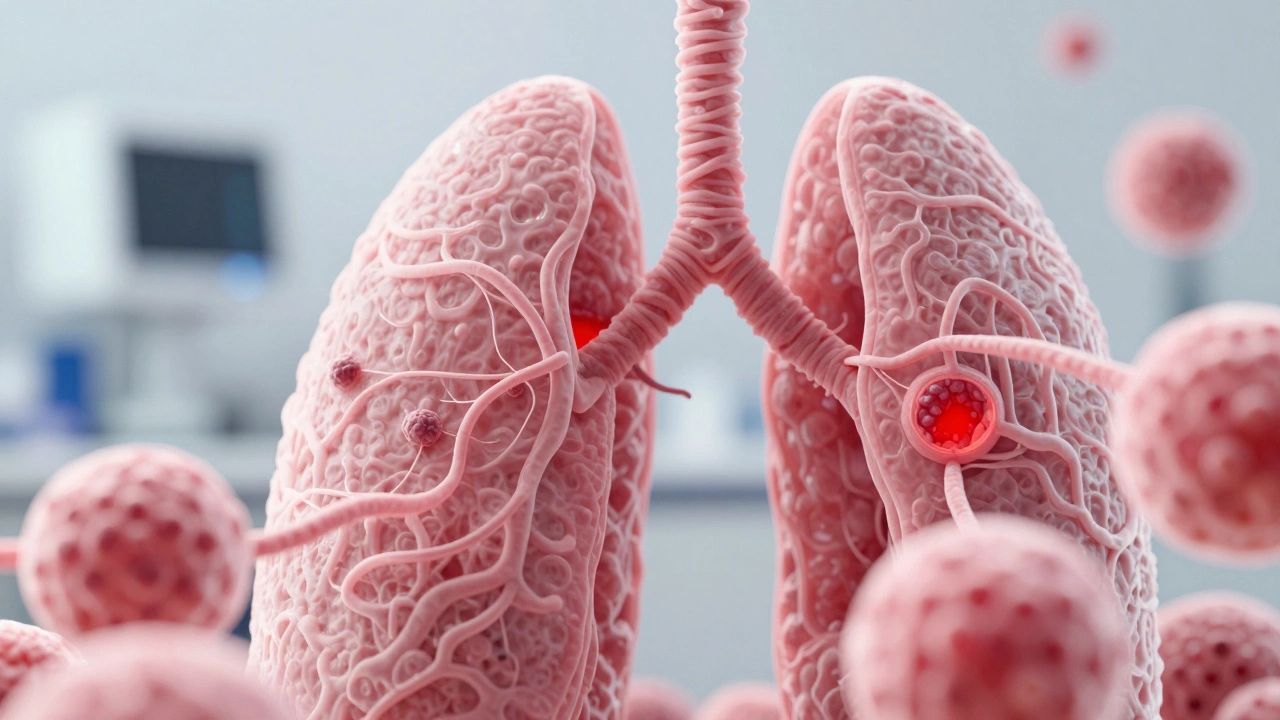 Close-up of nanotubes causing inflammation in human lung tissue.