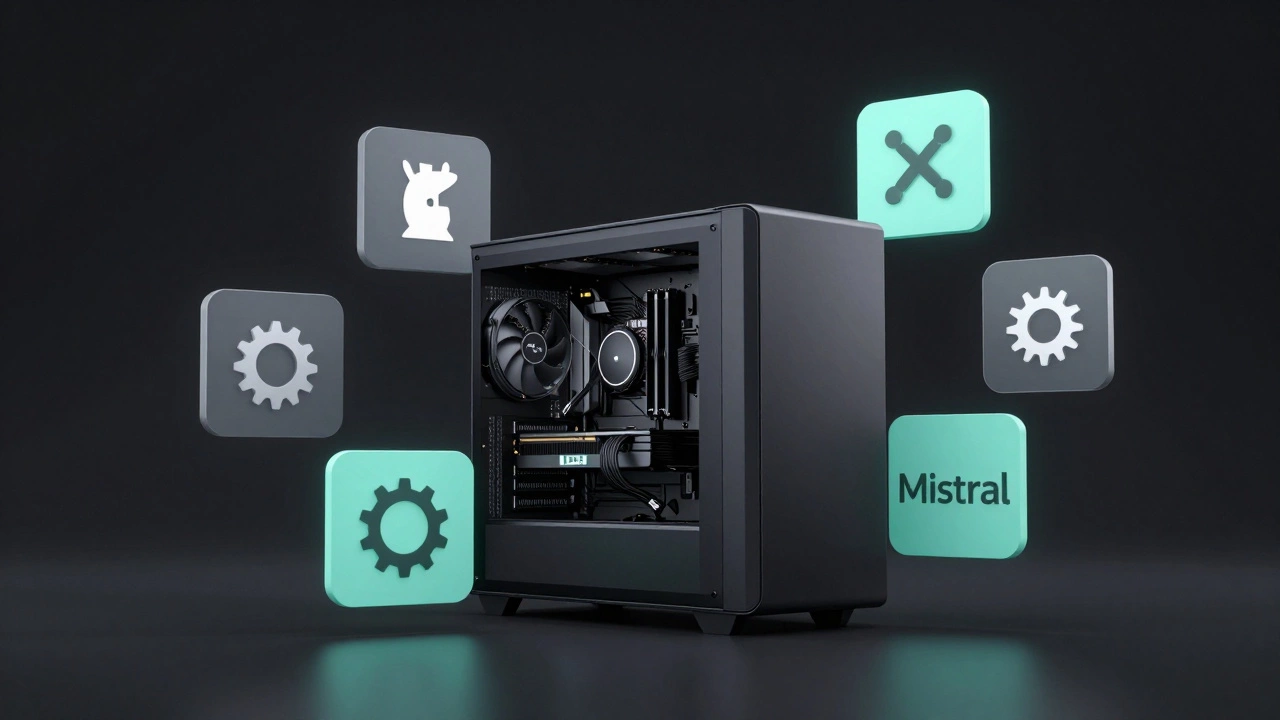 Desktop computer with glowing GPUs representing local open-source AI.