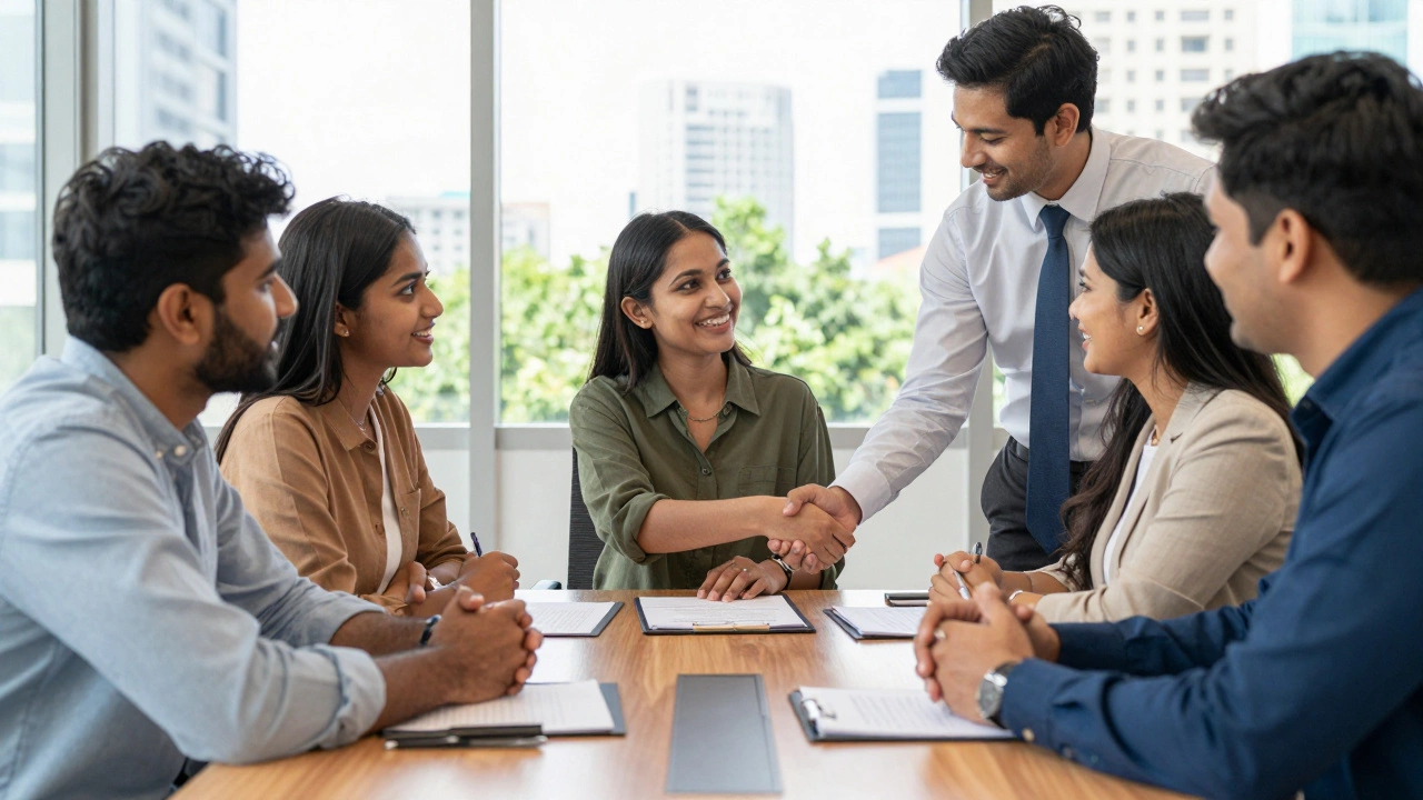 Diverse team signing a technology license agreement in a bright office.