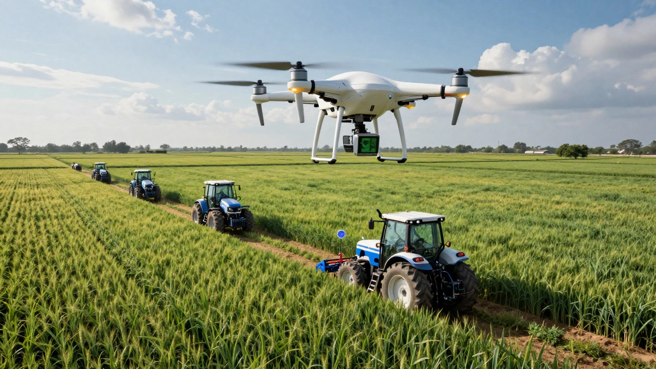 Drone monitoring crops with autonomous tractors