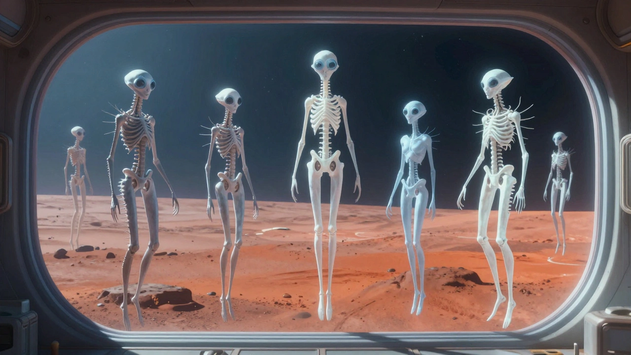 Ethereal, tall Martians floating in a space habitat with large eyes