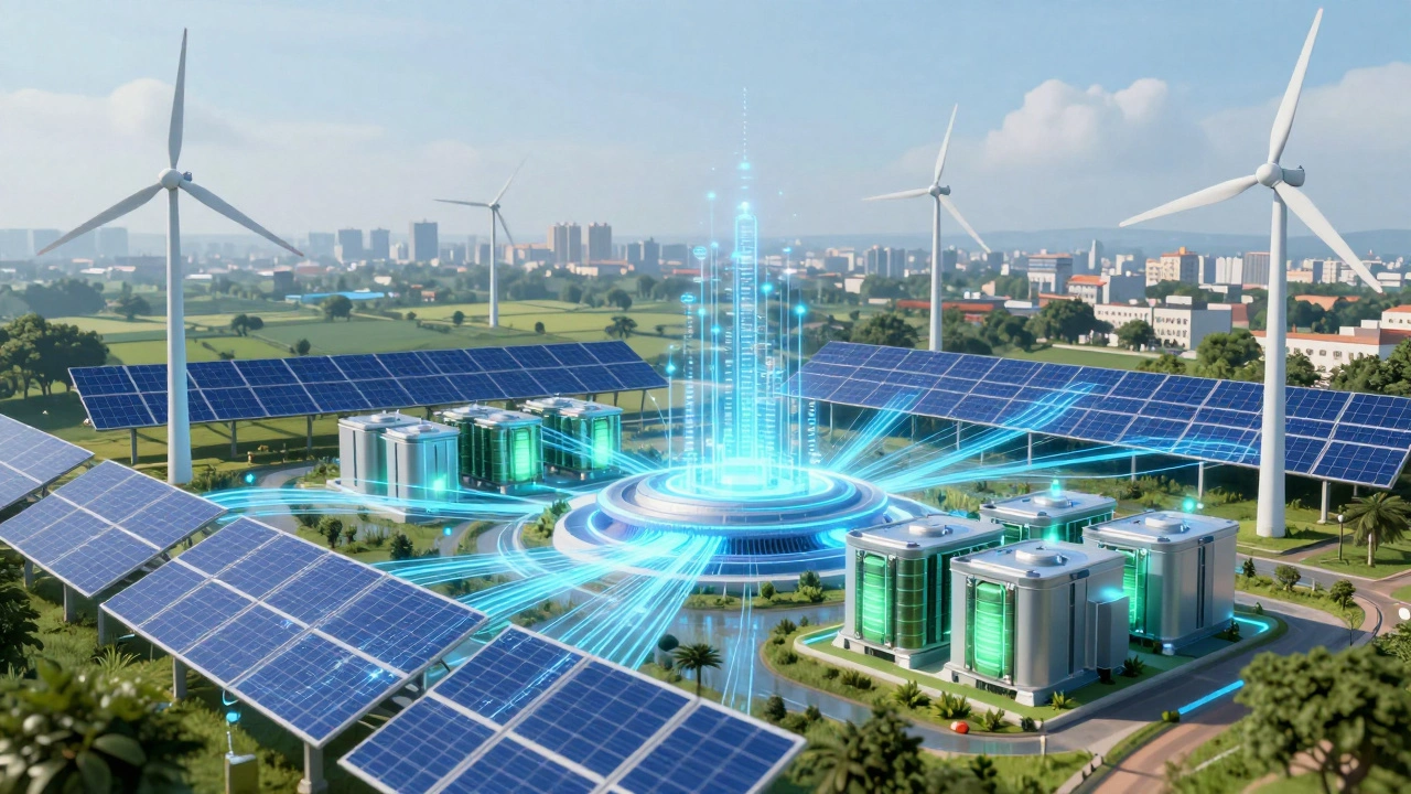 Futuristic smart grid connecting solar, wind, and battery storage
