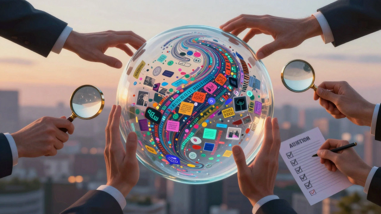 Glass sphere of data surrounded by auditing hands