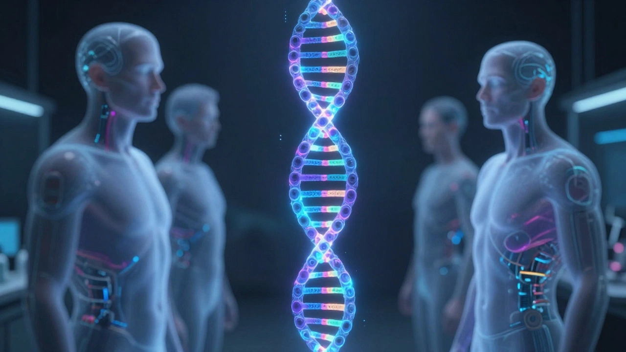 Holographic DNA strand surrounded by evolving human figures in a lab
