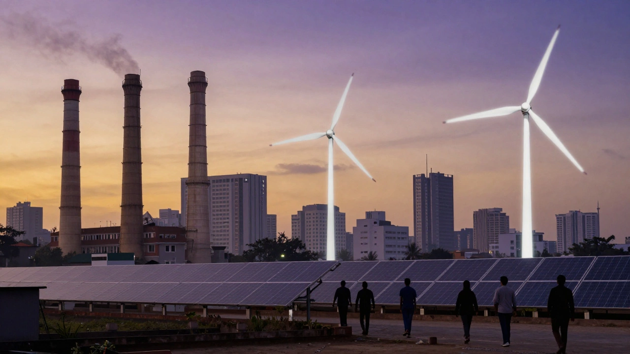 Indian city skyline transitioning from industrial smoke to clean renewable energy sources at sunset.