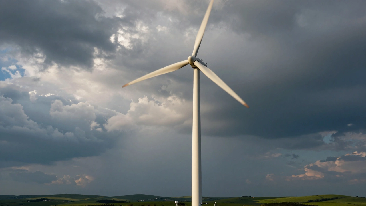 Massive wind turbine spinning against a dramatic cloudy sky