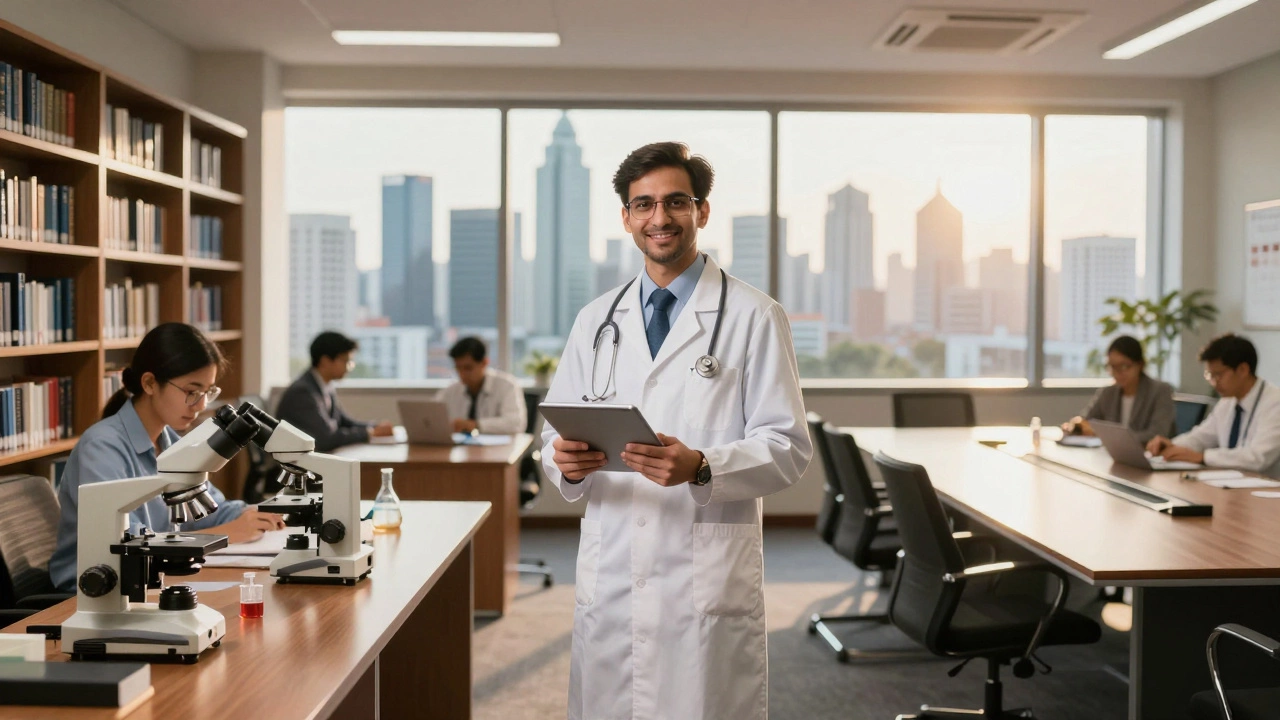 Professional bridging academic lab and corporate boardroom settings
