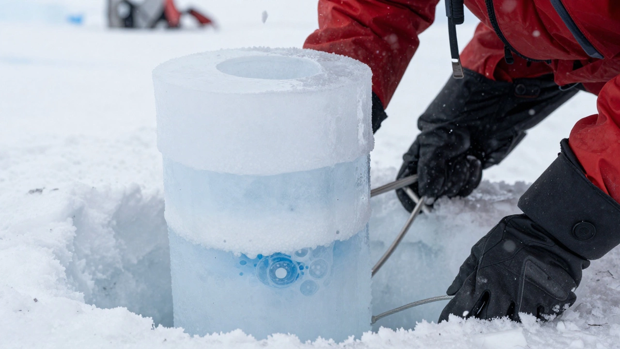 Scientists examining layered Antarctic ice cores in a snowy field