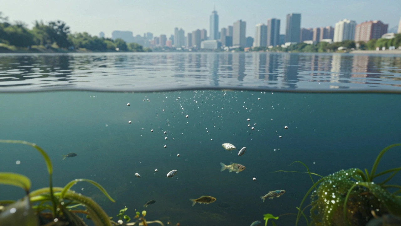 Silver nanoparticles accumulating in aquatic life near a city river.