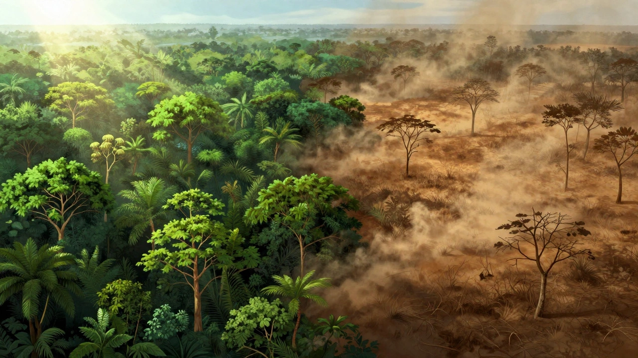 Split view showing lush Amazon rainforest transitioning into dry, dying savanna due to climate change.