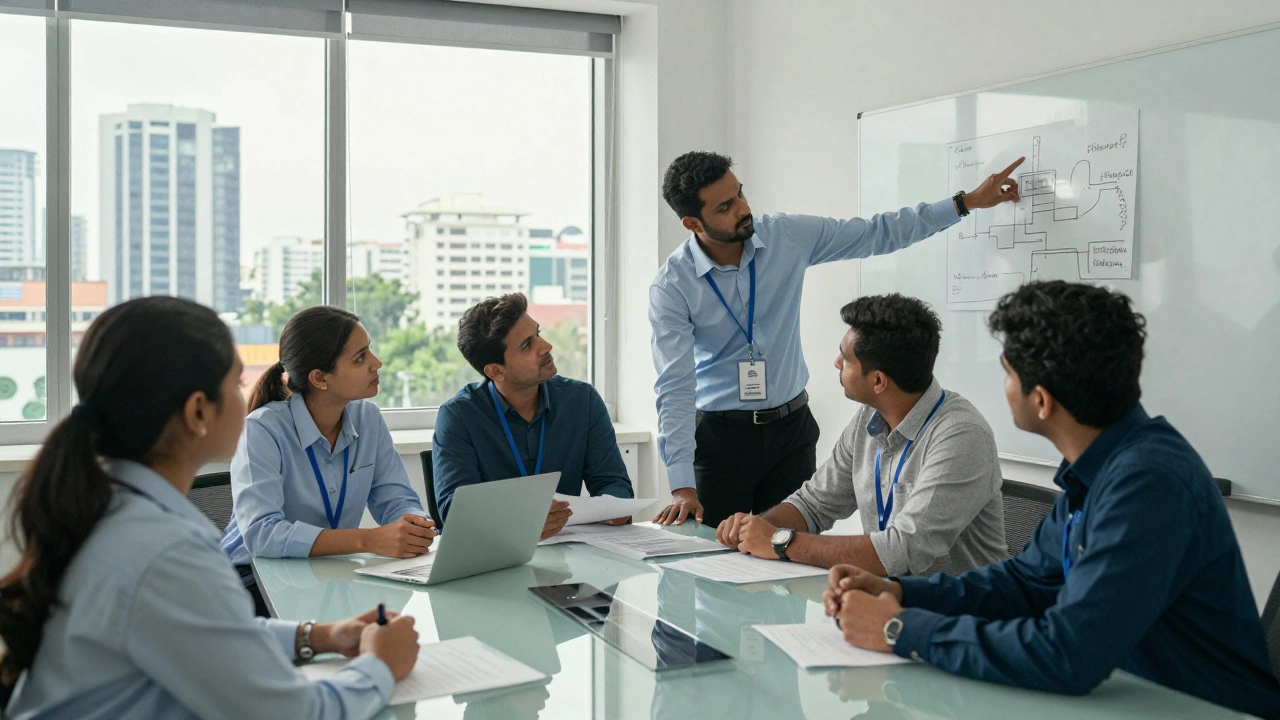 Biotech team collaborating on strategy in office setting