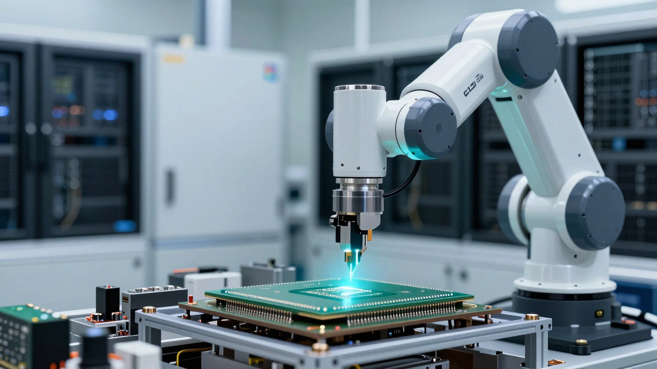 Close-up of robotic arm handling microchip in automated semiconductor factory
