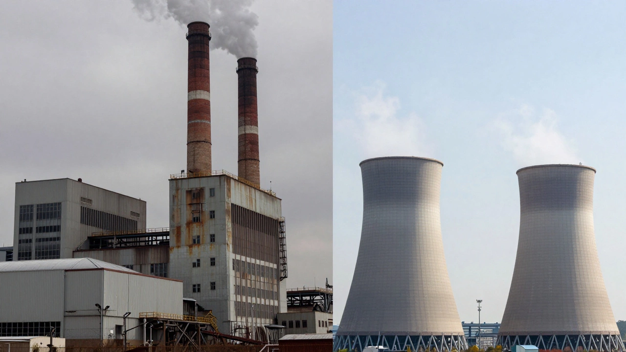 Comparison of aging coal plant and modern natural gas turbine facility side by side