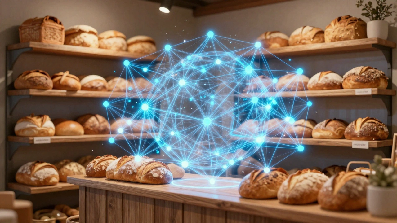 Complex blockchain overlay on a simple bakery showing tech misuse