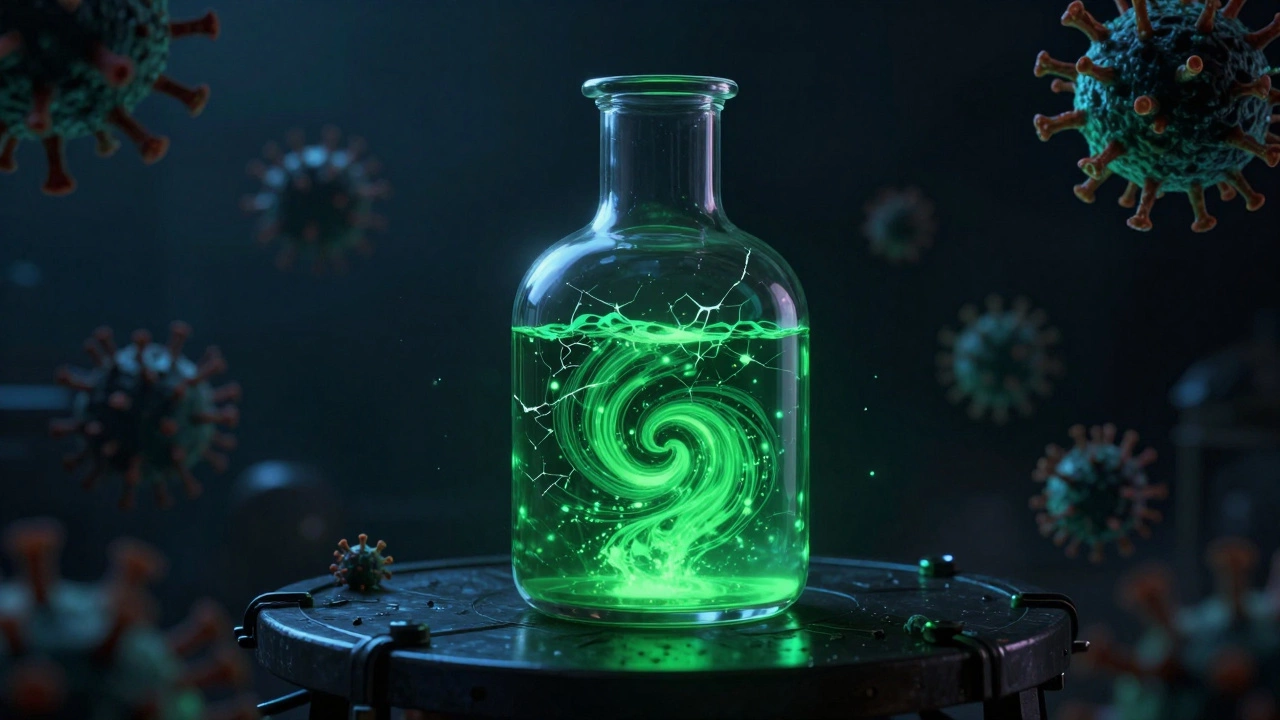 Cracked glass container with glowing fluid, symbolizing biosafety breaches and biological threats.