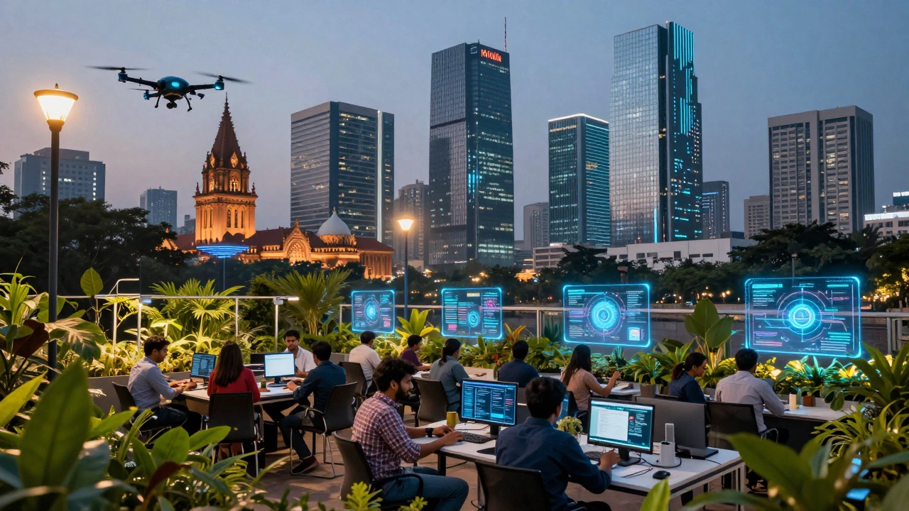 Futuristic Bangalore skyline with tech workers and smart agriculture drones