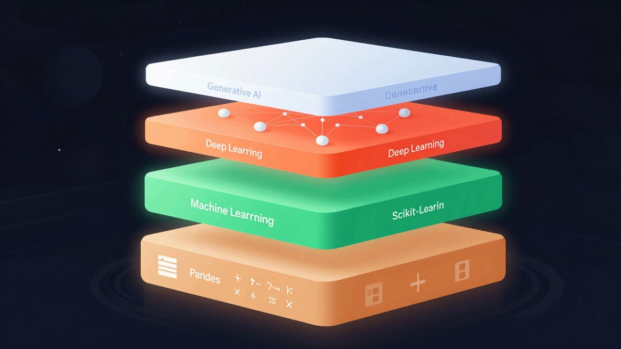 Layered diagram of AI tools from data to generative models
