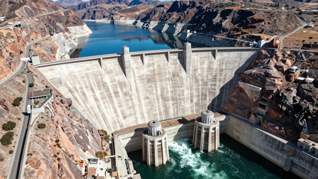 Massive concrete hydroelectric dam spanning a river canyon with flowing water