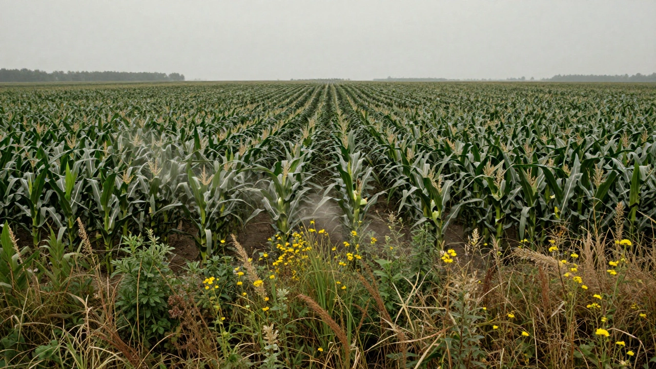 Monoculture farm field losing biodiversity to weeds, illustrating environmental risks of GMOs.