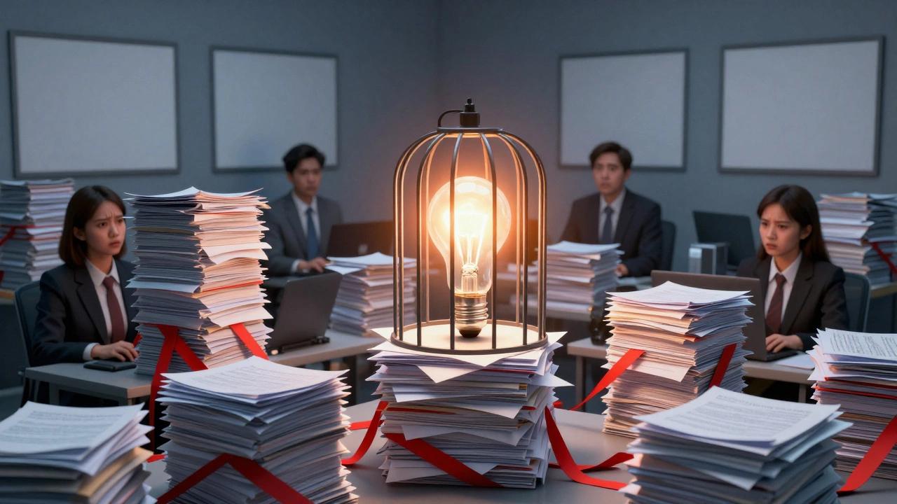 Office trapped in red tape and paperwork stifling creative ideas