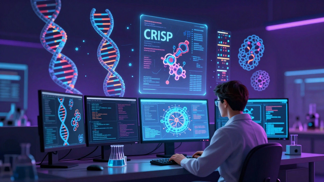 Researcher analyzing genomic data with holographic visuals