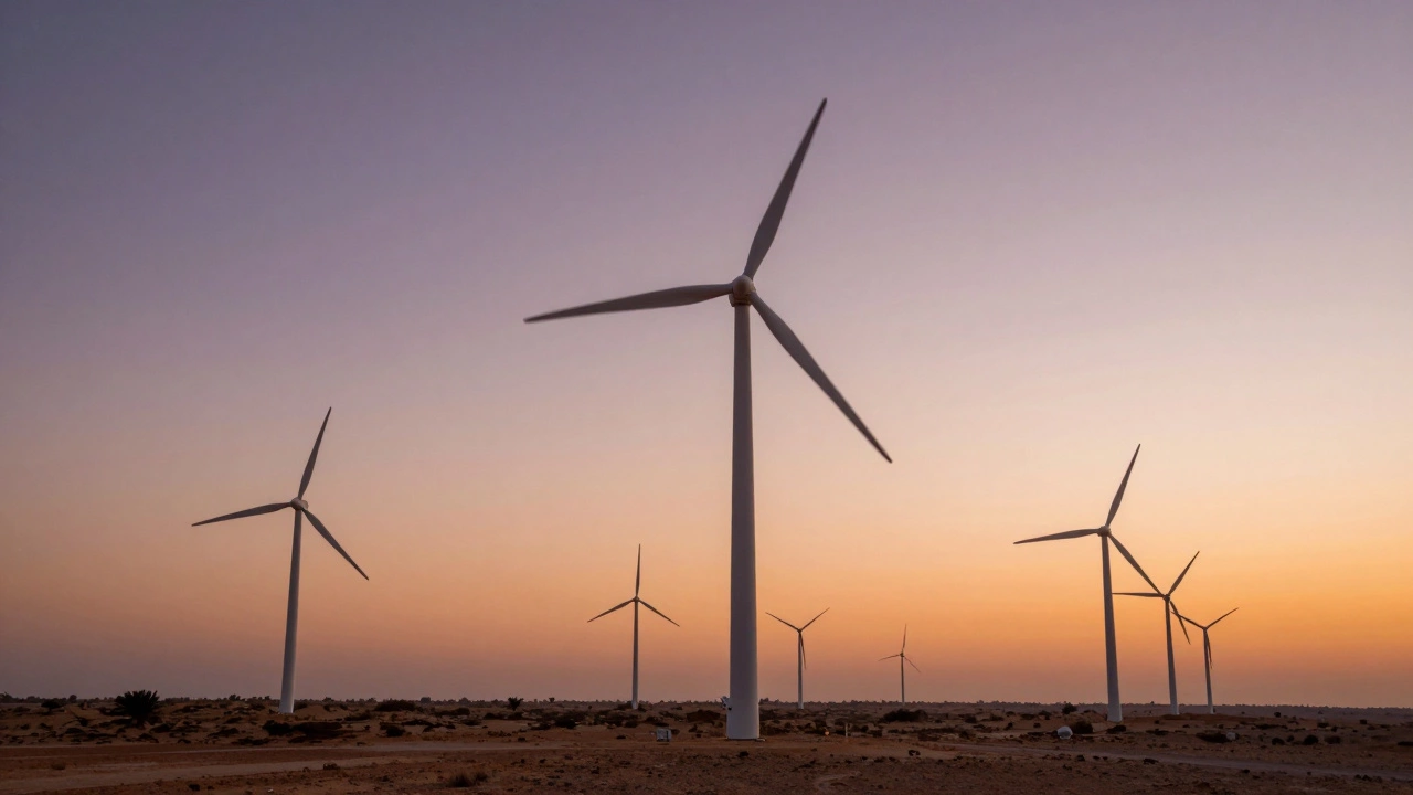 Wind turbines on arid plains during sunset in India