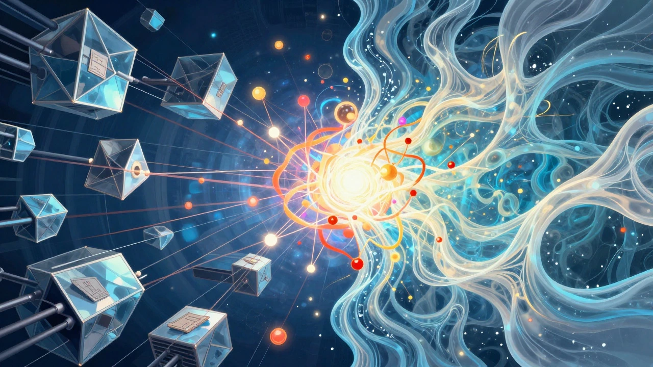 Abstract art merging rigid tech structures with fluid knowledge concepts